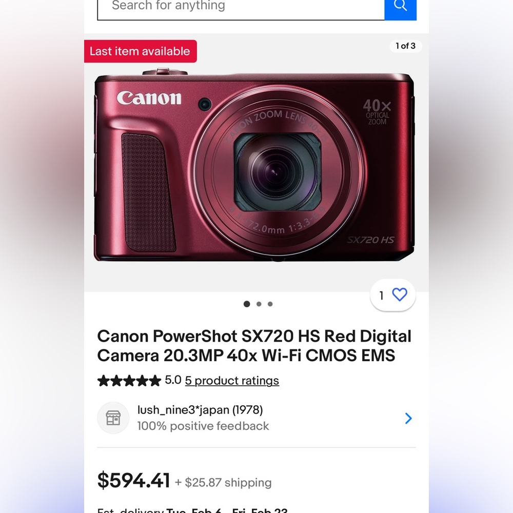Canon PowerShot SX720 HS Red Digital Camera 20.3MP 40x Wi-Fi CMOS EMS